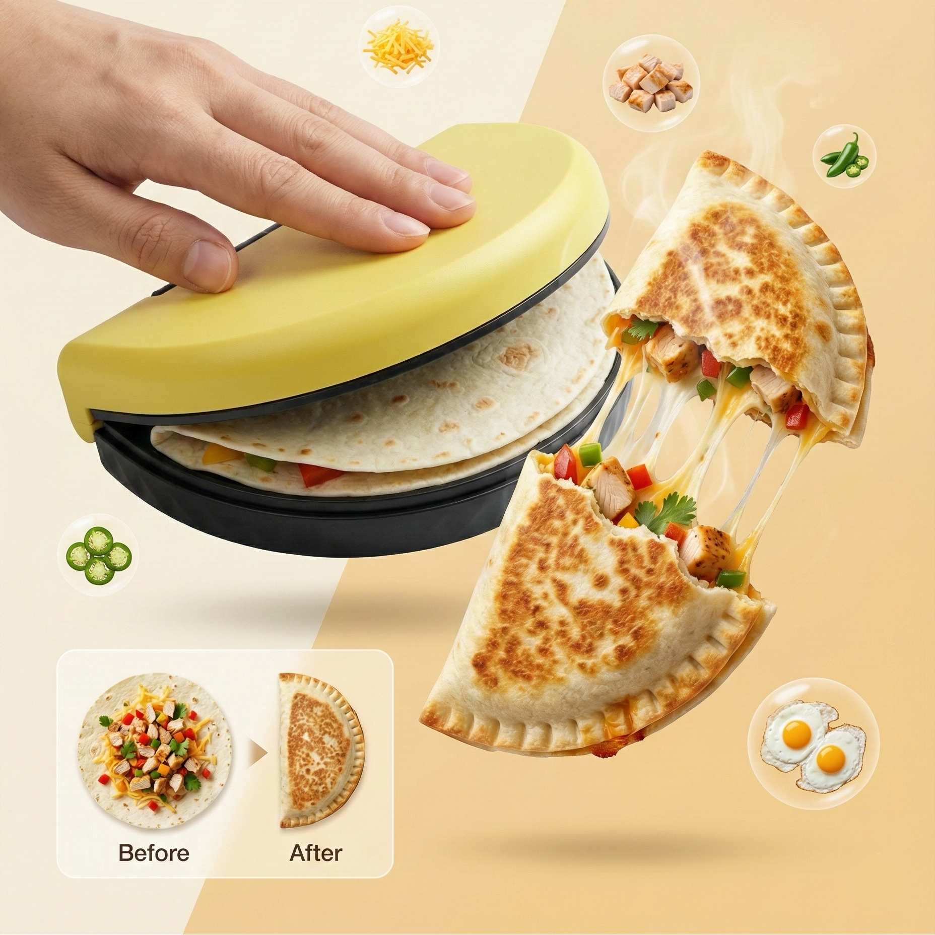 Tortilla press with a hand pressing down, showing a perfectly sealed tortilla meal in 10 seconds on a beige background.