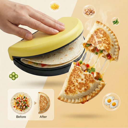 Tortilla press with a hand pressing down, showing a perfectly sealed tortilla meal in 10 seconds on a beige background.