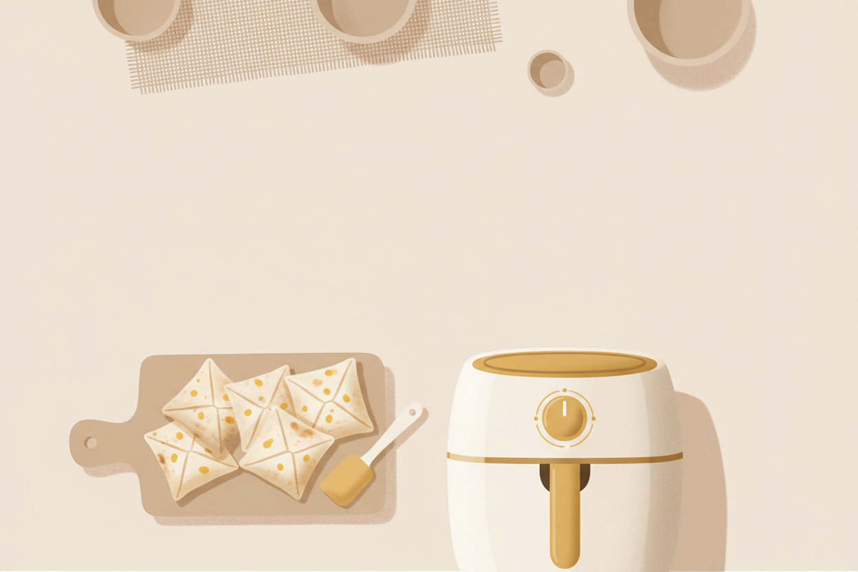 Flat-lay illustration, warm minimal kitchen background in soft beige and off-white tones, stylized air fryer and sealed tortilla pockets on a cutting board, subtle shadowing, no logos or text, lots of open clean space in the center for copy, brand accent yellow used sparingly in small details, 16:9 hero image for website.