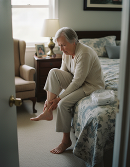 Senior woman on bed-edge, can't bend far enough to reach her foot — the real daily struggle