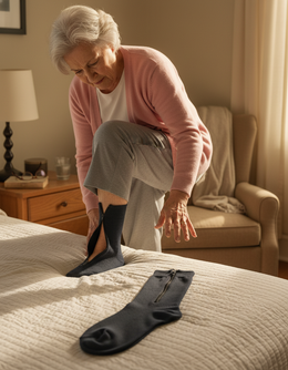 Senior woman struggling to reach her own feet for compression socks