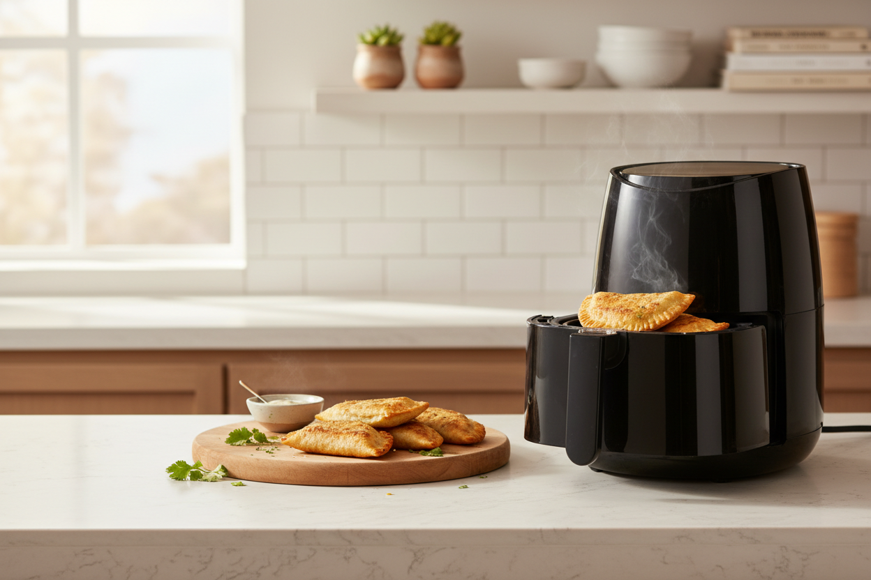 Wide website hero background, cozy modern kitchen countertop scene, soft natural daylight. Focus on a wooden or light stone counter with a neatly arranged air fryer and a cutting board with a few golden-brown sealed tortilla pockets stacked casually, steam gently rising. No visible brands or text. Background slightly out of focus with subtle kitchen elements (tiles, plants, simple shelves) to give depth. Center area kept lighter and less busy with plenty of negative space for headline text. Color palette: w