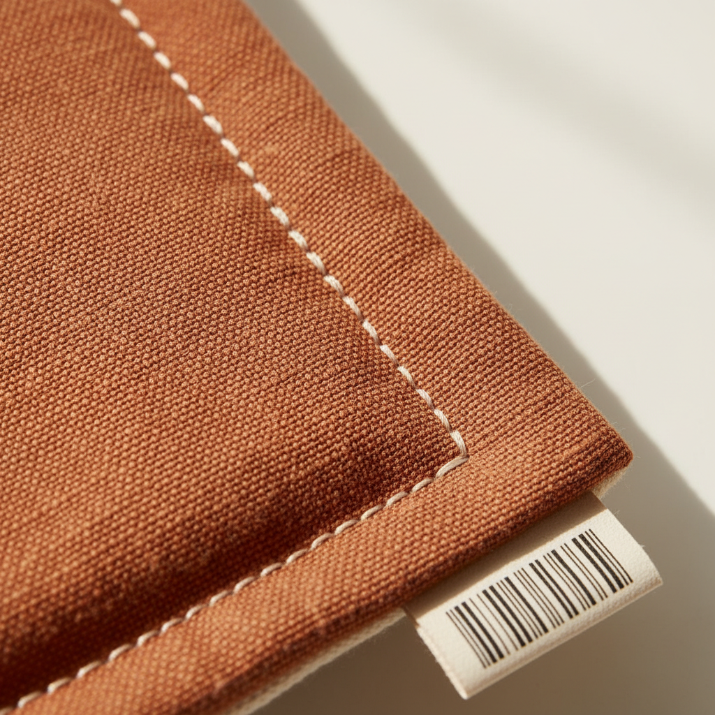 Macro detail of Tavion organic cotton cover, hand-stitched edge in cream thread, OEKO-TEX certified