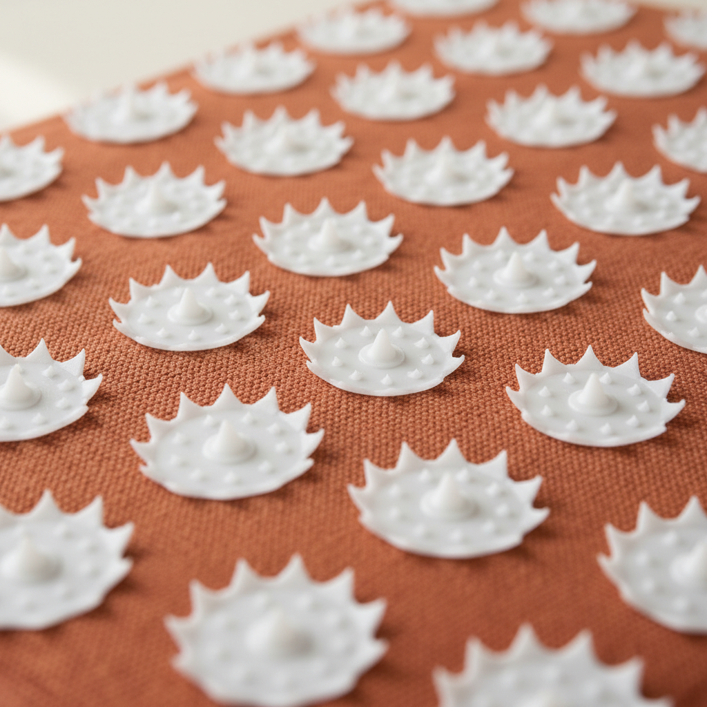 Macro detail of Tavion mat showing 8,820 lotus-rosette pressure-point tips on terracotta cotton