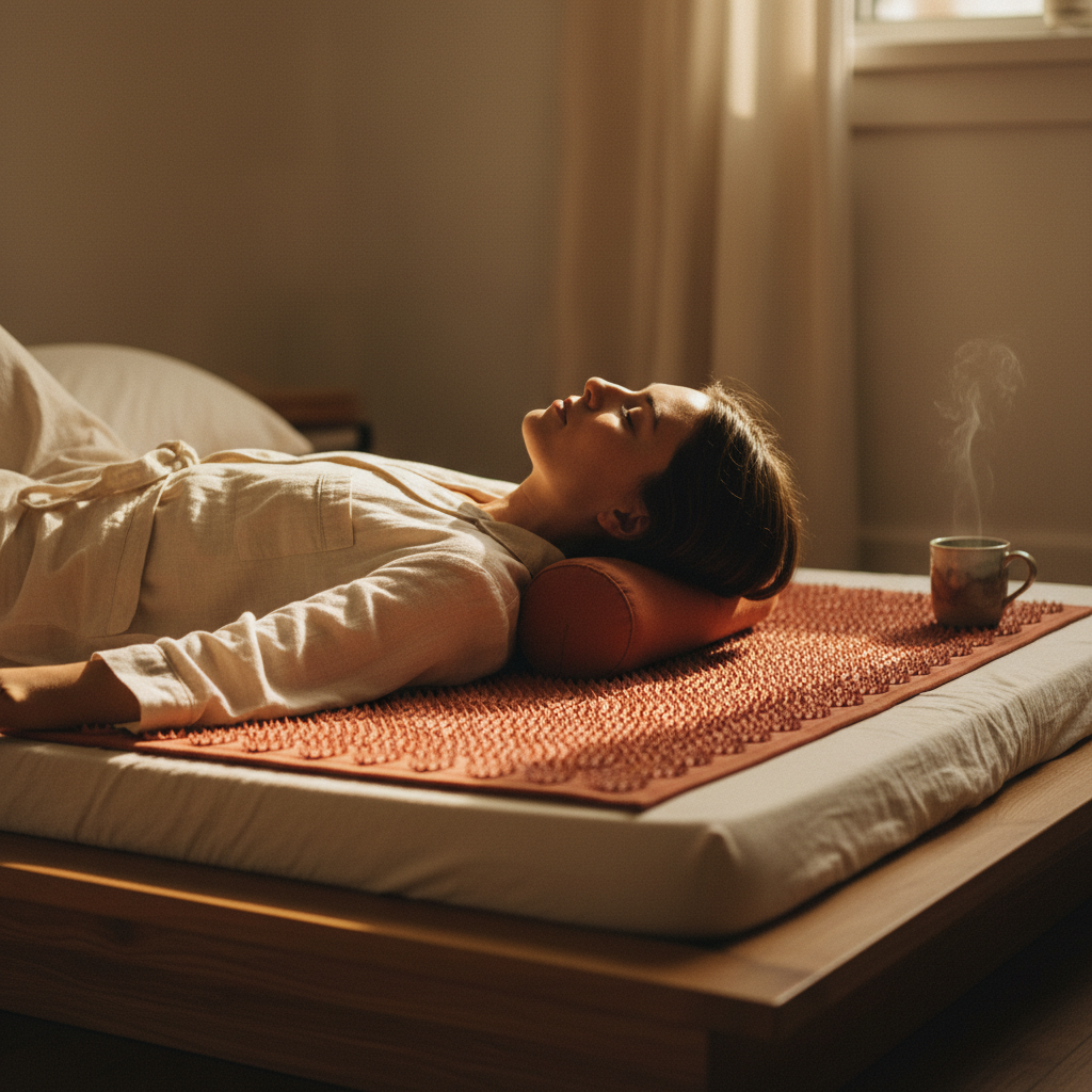 Person mid-session on Tavion mat with neck bolster, warm bedroom light